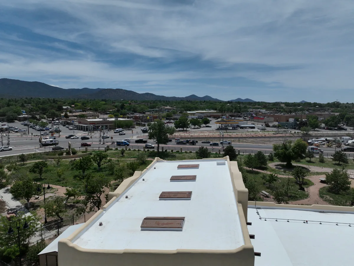Aerial view of a flat roof on a hilltop commercial property in Albuquerque, New Mexico